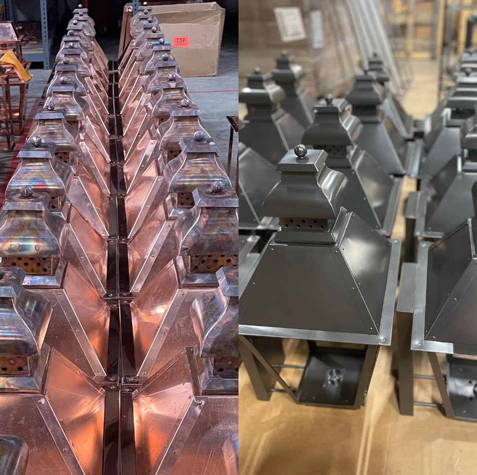 We powder coated these Logan Lanterns from Raw Copper to Quaker Bronze.
