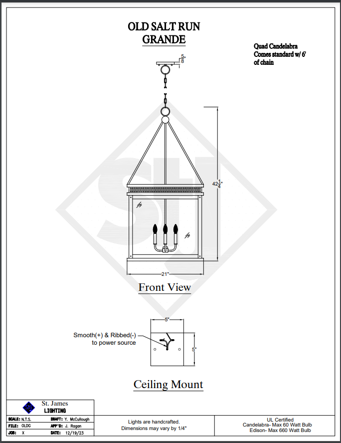 technical line drawing with sizes and dimensions of a copper foyer kitchen island pendant light or chandelier with candelabra or edison bulbs for light with a white background