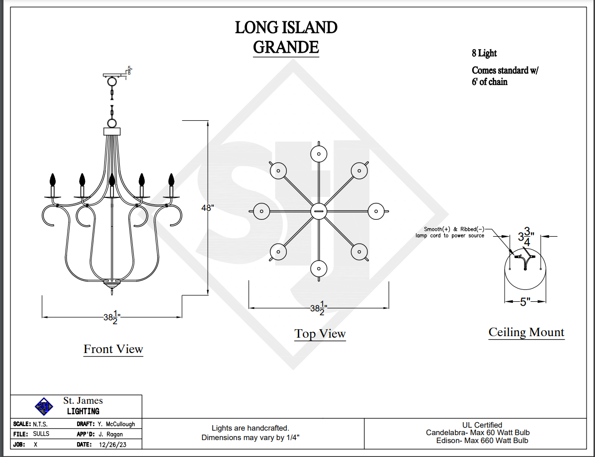 technical line drawing with sizes and dimensions of a copper foyer kitchen island pendant light or chandelier with candelabra or edison bulbs for light with a white background