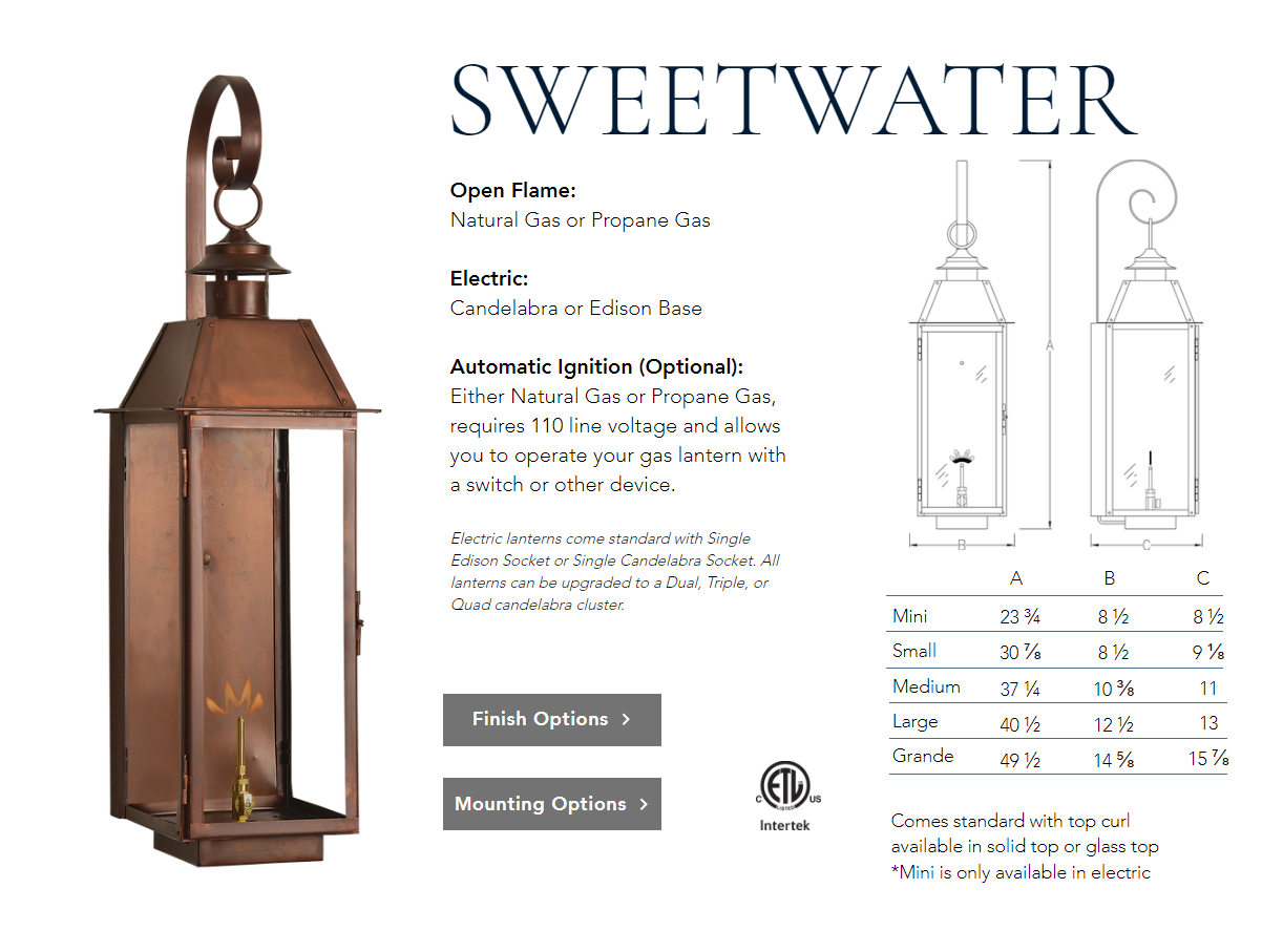 St. James Sweetwater Copper Lantern With Top Curl