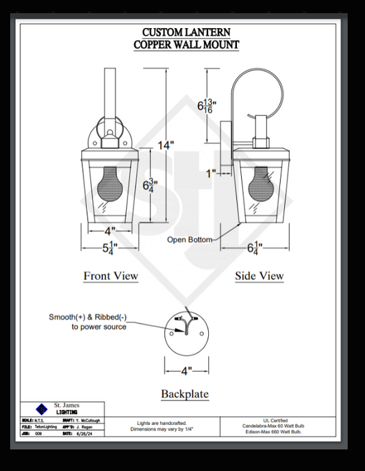 St. James Lancaster Copper Lantern Custom Design