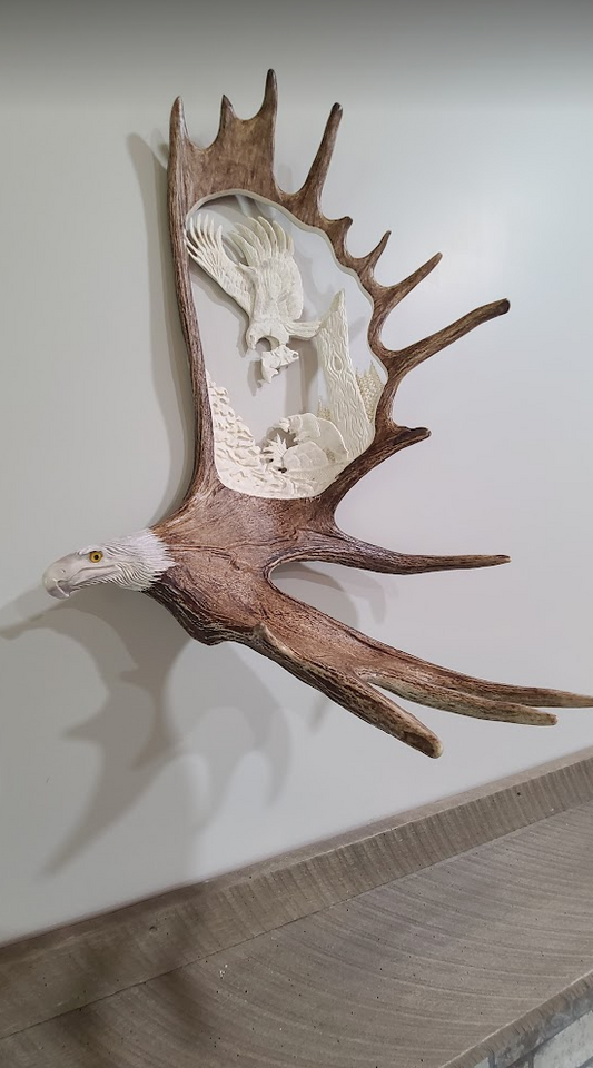 Last Catch Eagle Salmon and Bear Moose Antler Carving