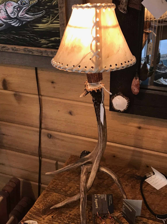 Deer Antler Table Lamp with Rawhide Shade