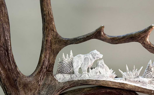 Momma Grizzly & Her Cub Moose Antler Carving, 20-24"