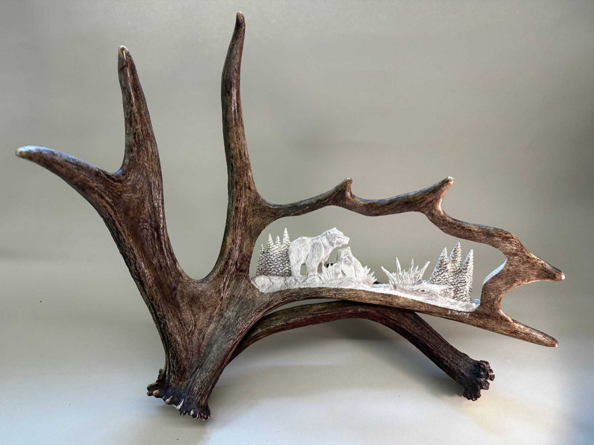 Momma Grizzly & Her Cub Moose Antler Carving, 20-24"