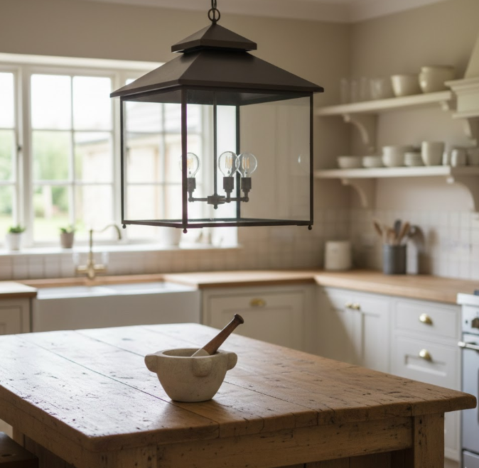 Kitchen island pendant light with wooden kitchen island, hanging lantern light fixture, and white cabinets.
