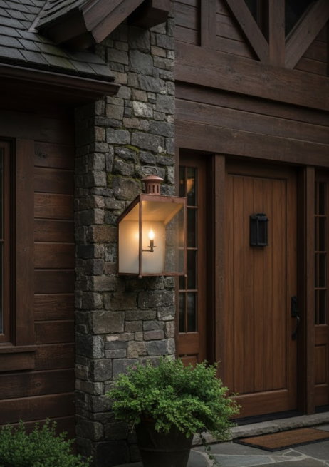 Outdoor wall entryway light fixture on a stone pillar of a house with wooden door