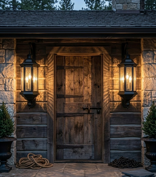 Wooden door with stone walls and entryway lanterns on a rustic building exterior.