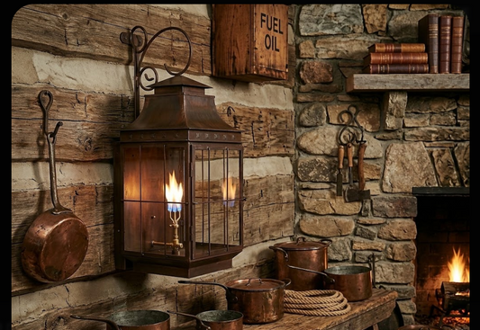Vintage-style kitchen with copper pots, lantern, and stone wall.