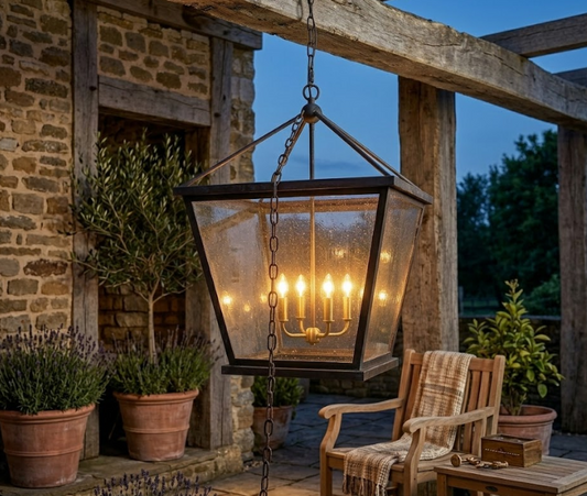 Hanging pendant light lantern with warm glow in an outdoor setting with a brick wall and wooden chair.