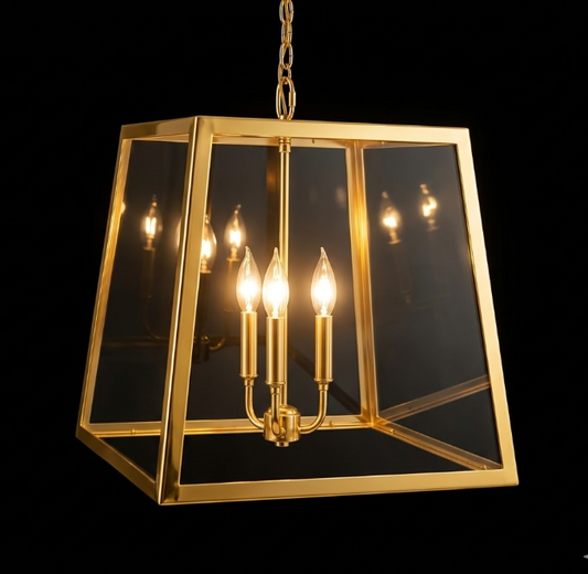 Gold copper foyer entryway kitchen island pendant light or chandelier fixture with glass panels on a black background