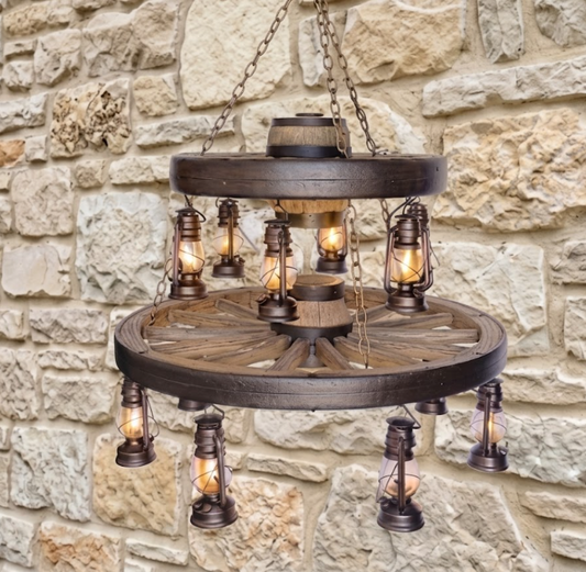 Gun Smoke Double Wagon Wheel Chandelier