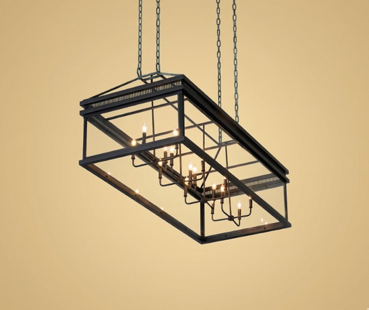 Black rectangular glass pendant light chandelier with multiple lights on a beige background
