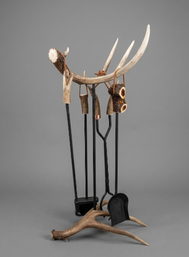 Real Deer Antler Fireplace Tool Set, 5-Piece with Antler Handles & Optional Carved Animal Head — Handmade in USA