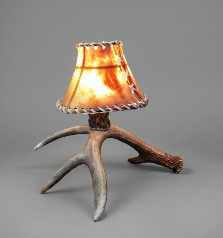 Real Deer Antler Bedside Table Lamp with Rawhide Shade — Handmade in USA