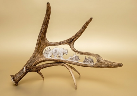 Decorative antler with engraved bear and landscape design on a beige background