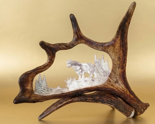 Moose antler carving of a mountain lion against a tan background.