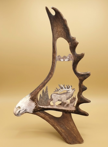Stately Elk Walking Antler Carving