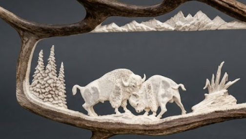 Up close look at bison fight antler carving