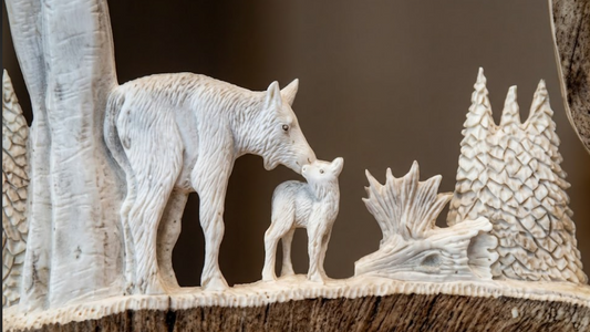 Caribou antler carved sculpture of a wolf and a wolf cub in a natural setting with trees and rocks.