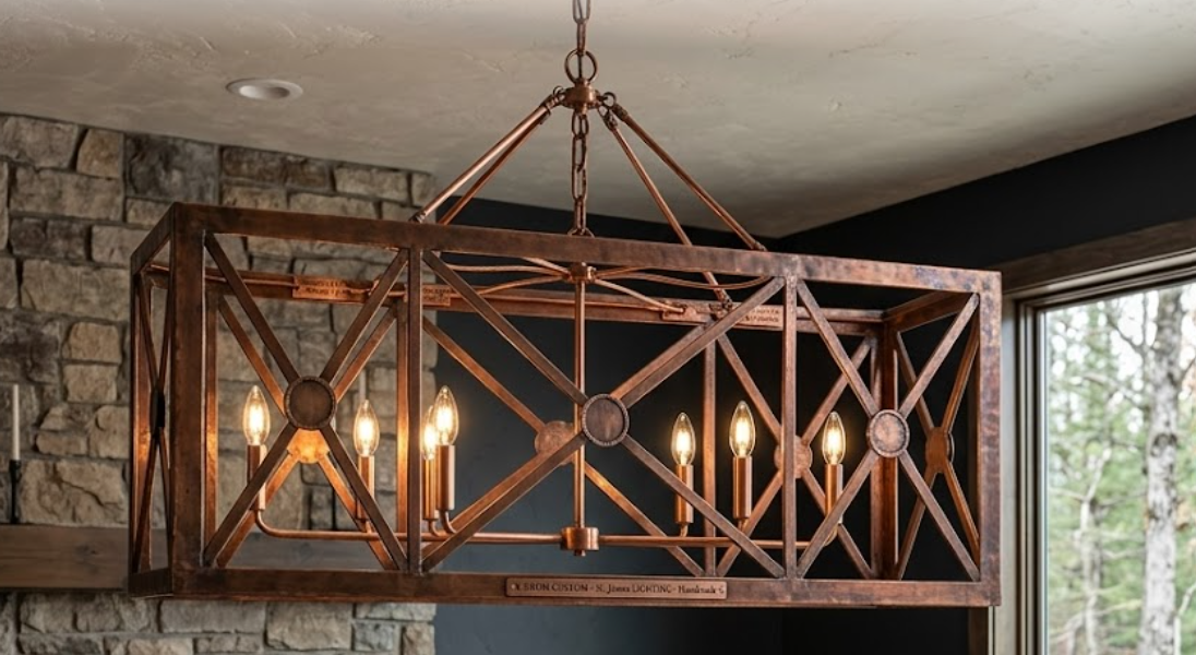 Rustic metal chandelier hanging in a room with stone wall and window.