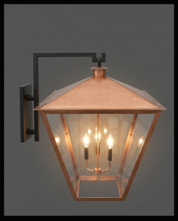 Copper entryway light with a dark grey background
