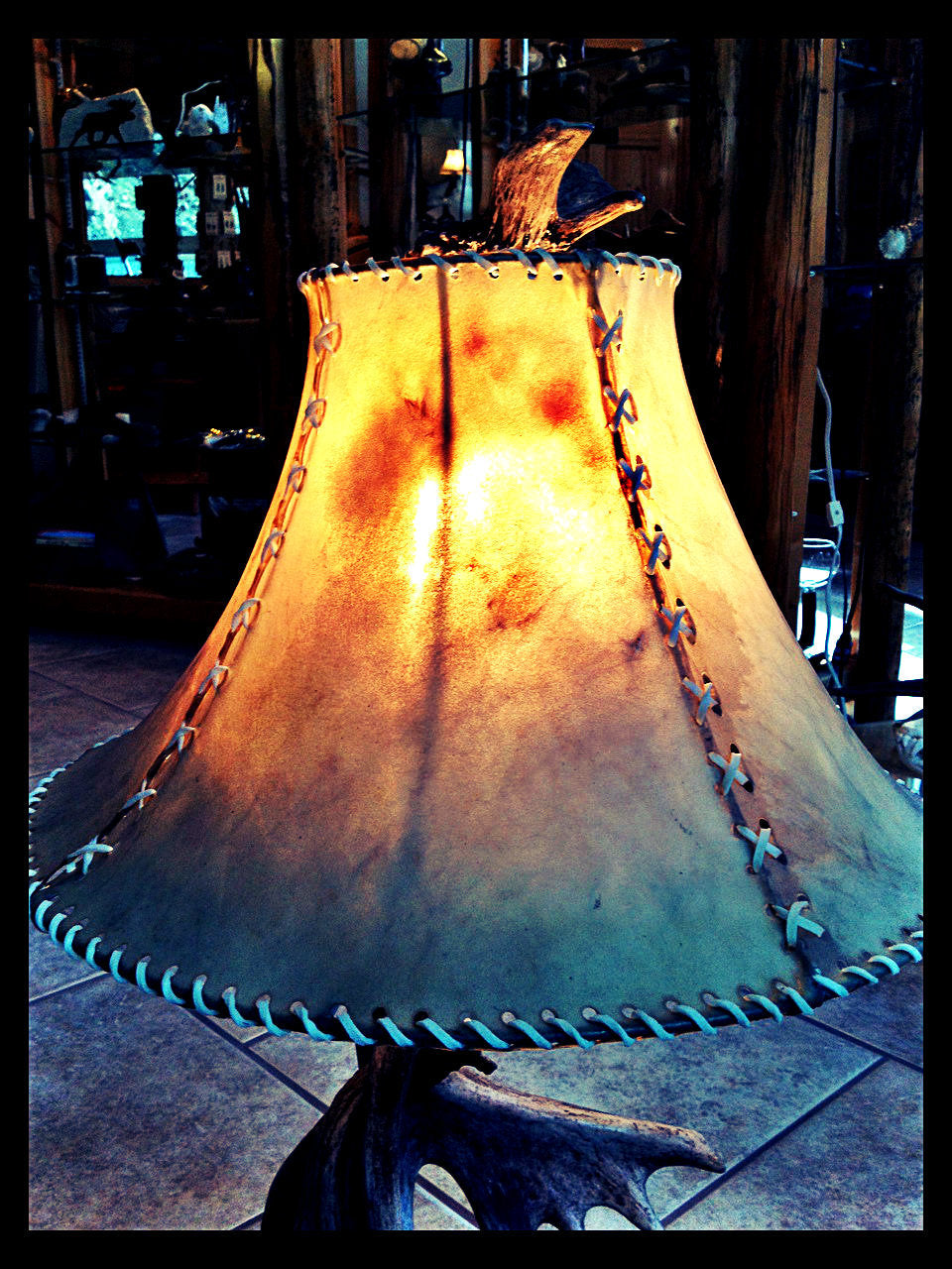 Moose Antler Table Lamp w/Eagle Head, Rawhide Shade