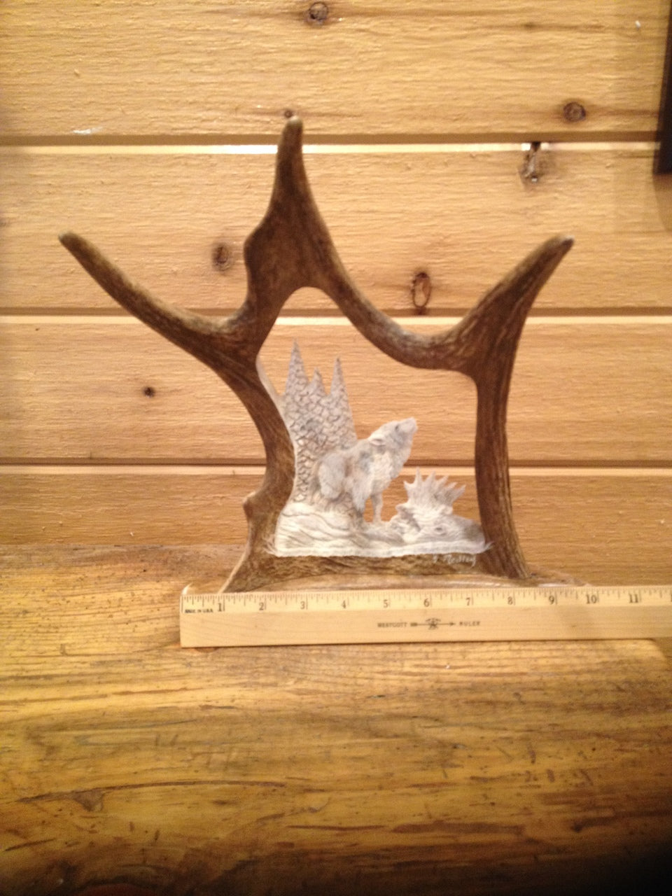 Howlin' at the Moon Wolf Antler Carving