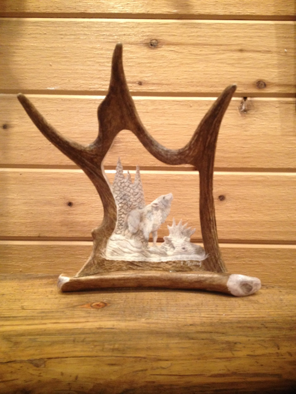 Howlin' at the Moon Wolf Antler Carving