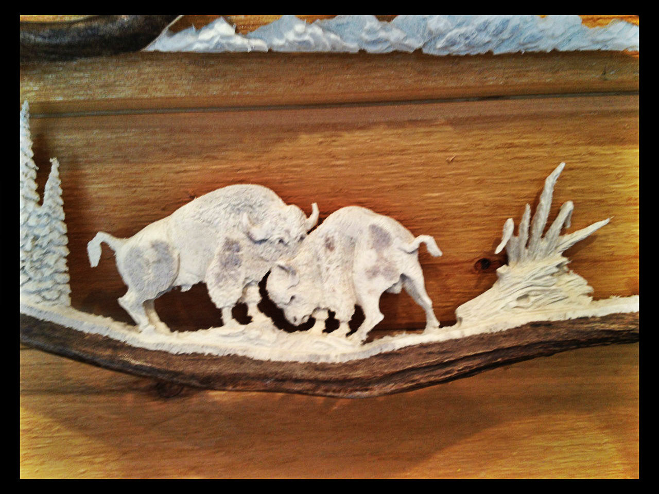 Buffalo Bulls Fighting Antler Carving