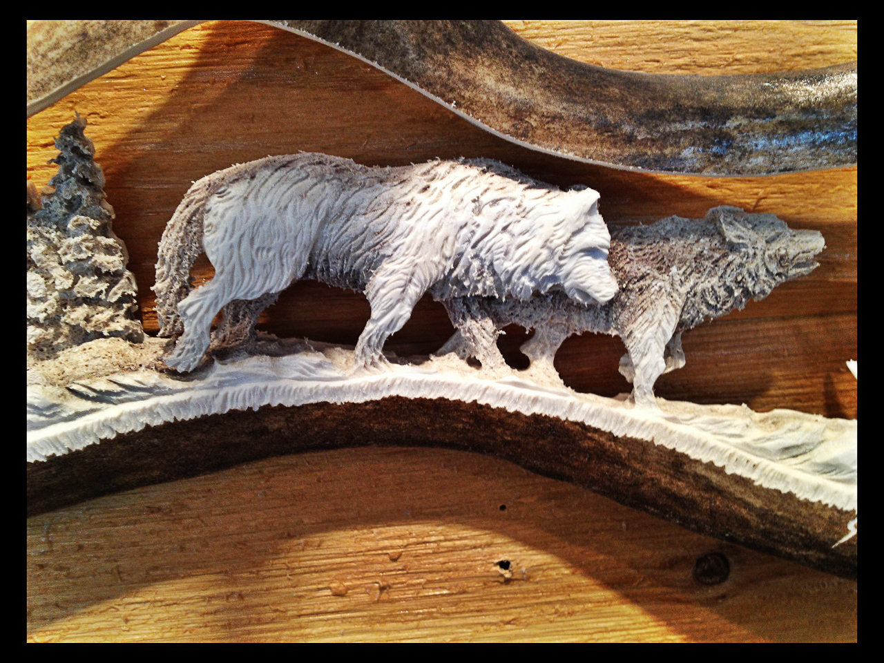2 Wolves Walking Caribou Antler Carving