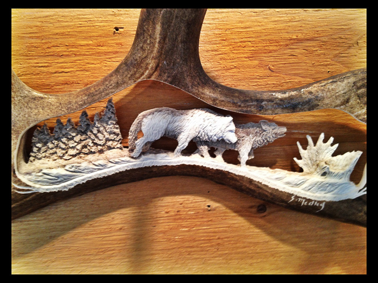 2 Wolves Walking Caribou Antler Carving