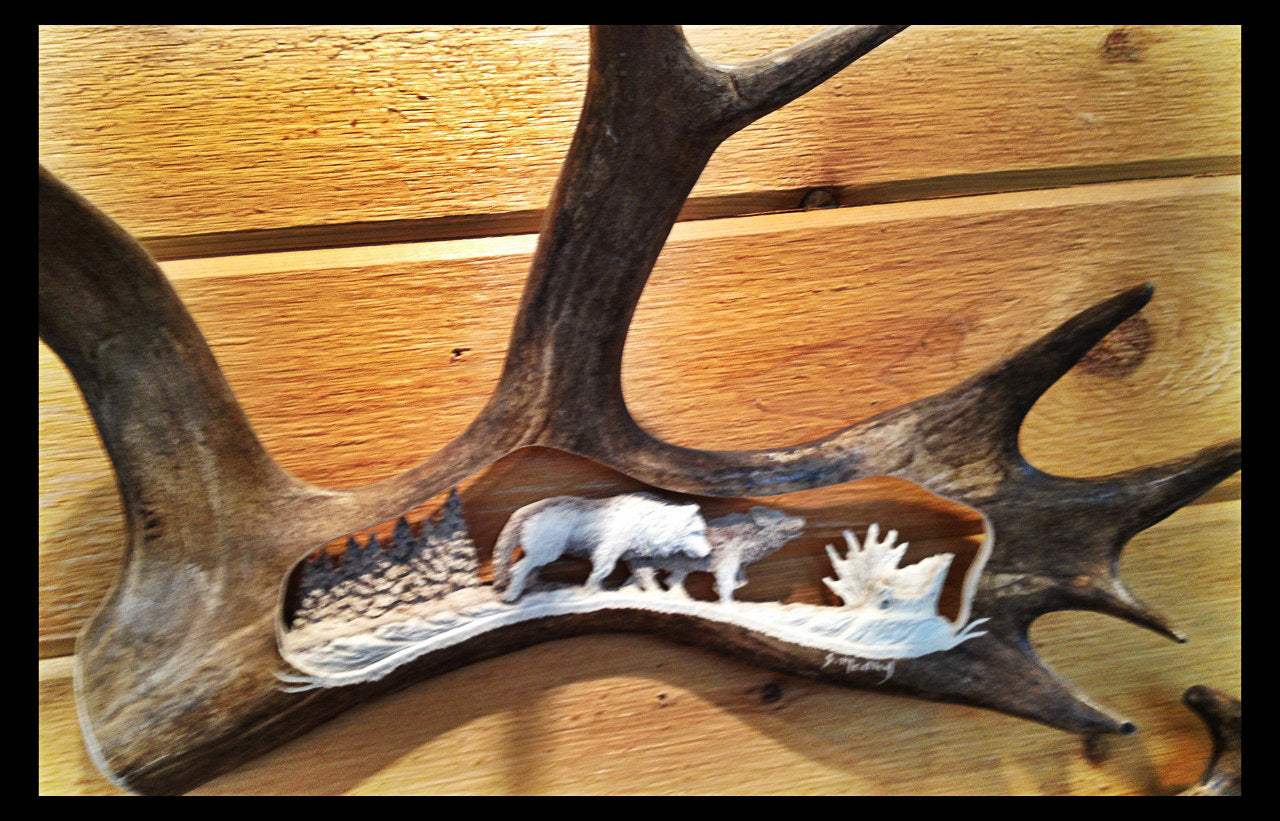 2 Wolves Walking Caribou Antler Carving