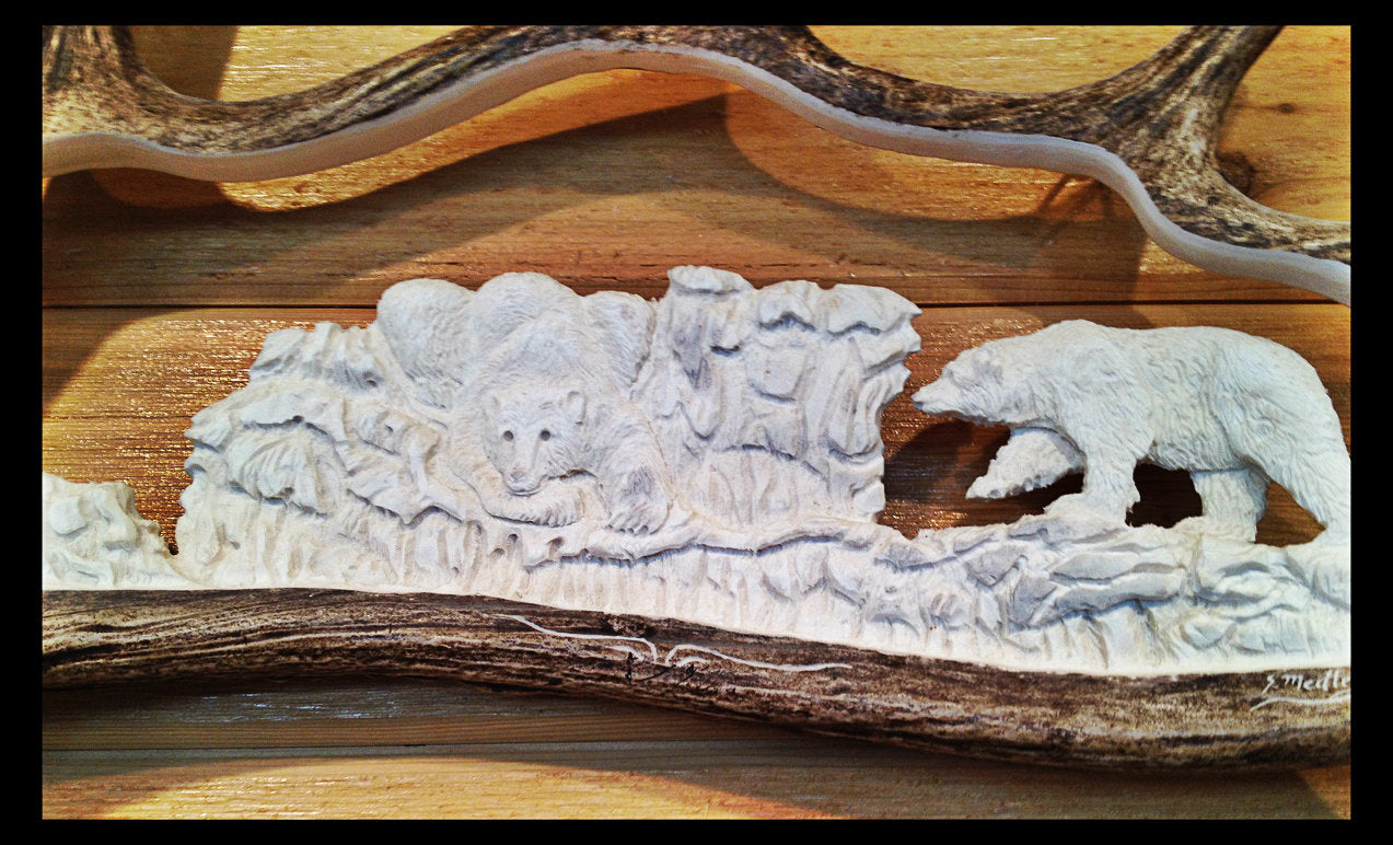 Polar Bears Moose Antler Carving, 24"-28"