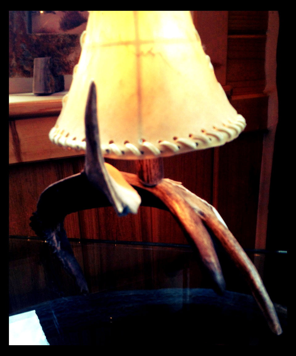 Real Deer Antler Bedside Table Lamp with Rawhide Shade lit up and sitting on a hide table