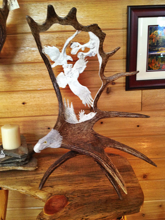 Fighting Eagles Antler Carving w/Base