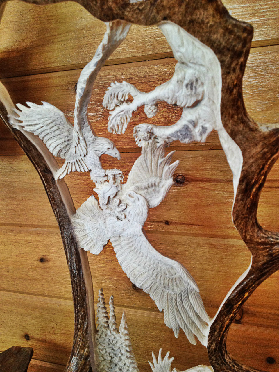Fighting Eagles Antler Carving w/Base