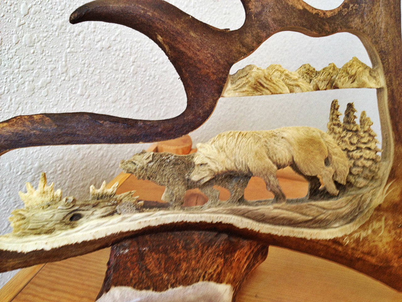 2 Wolves Walking Antler Carving