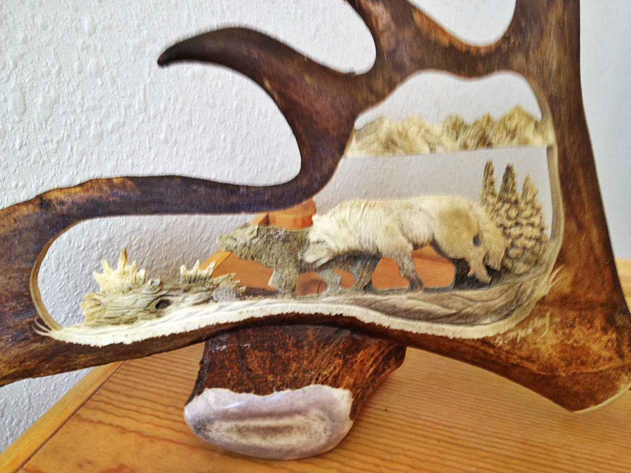 2 Wolves Walking Antler Carving