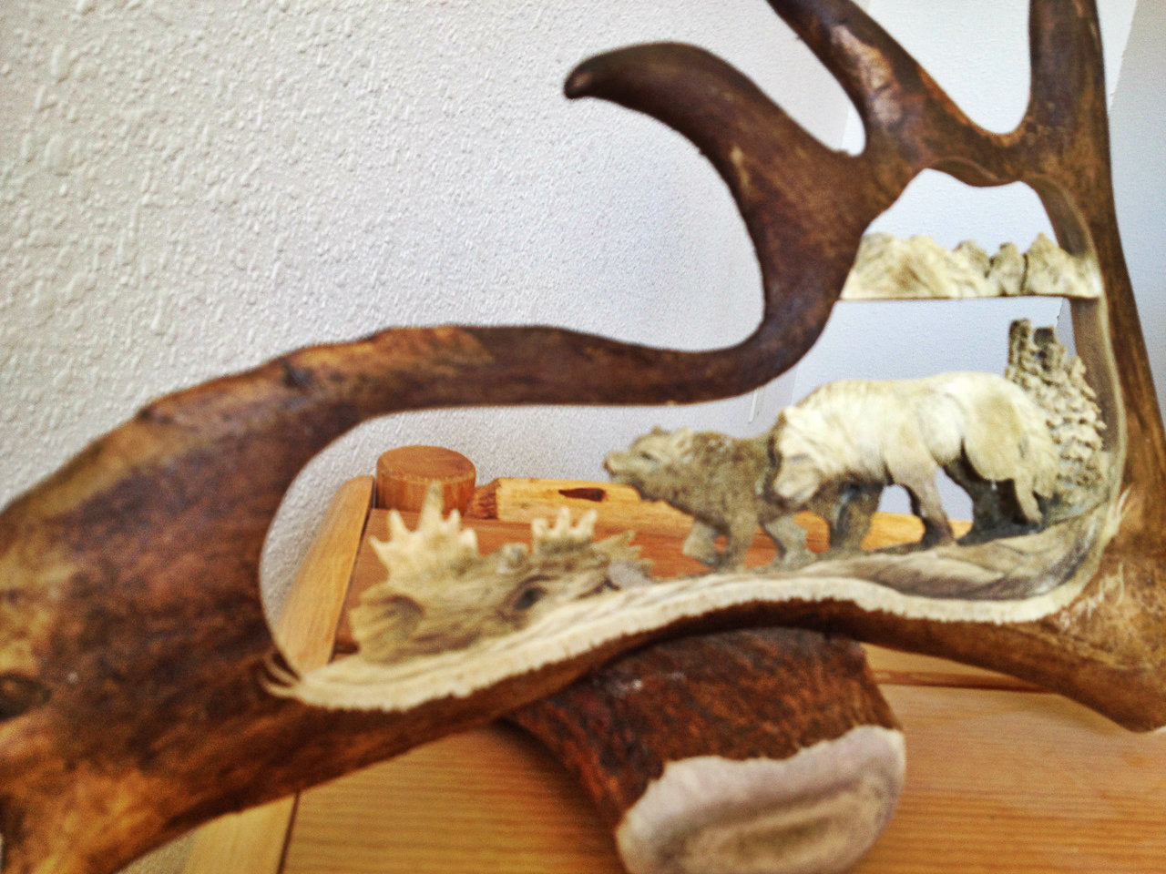 2 Wolves Walking Antler Carving