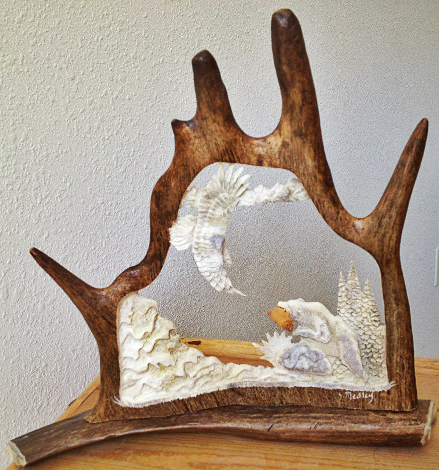 Salmon Loving Bear Antler Carving