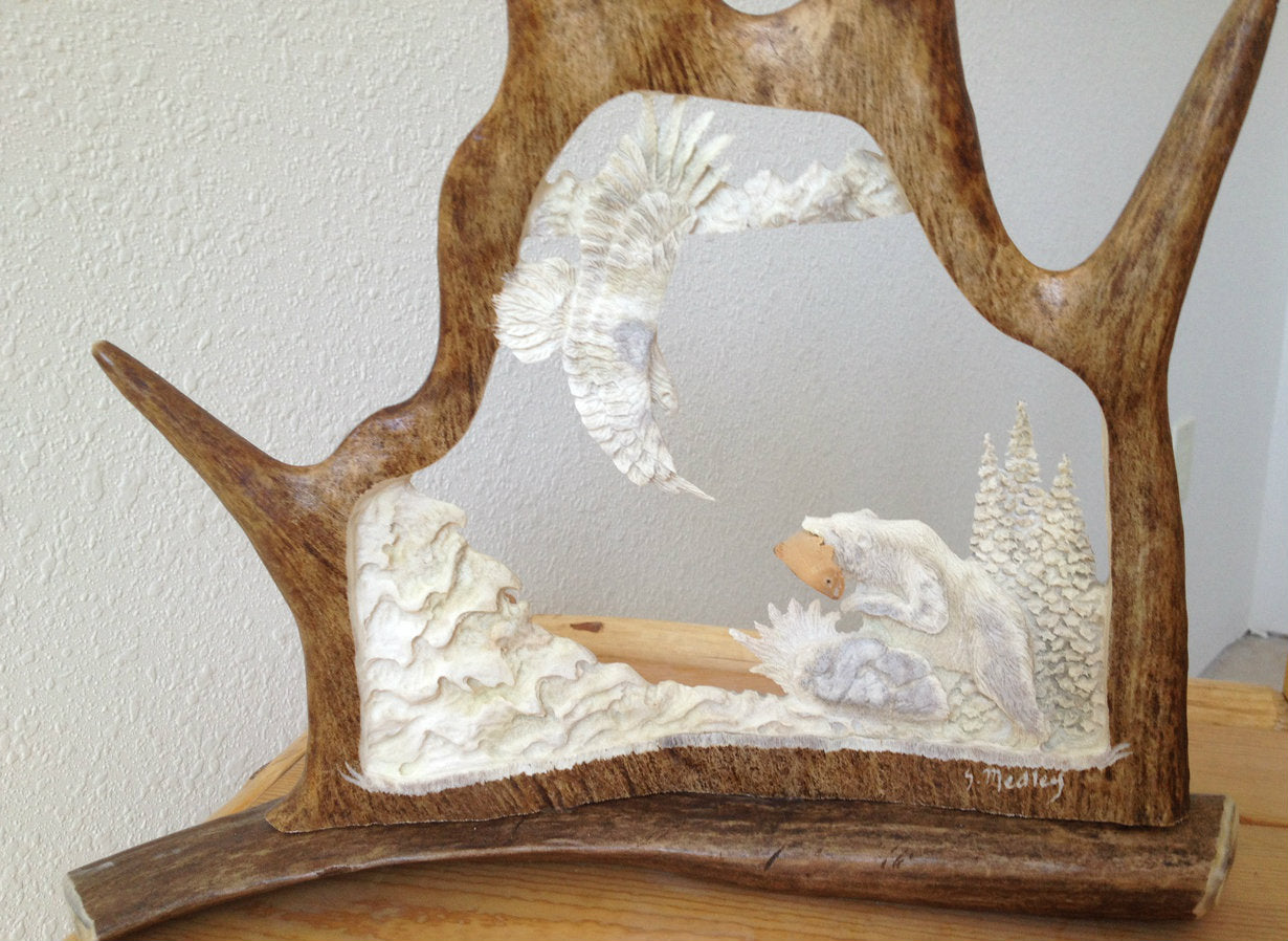 Salmon Loving Bear Antler Carving