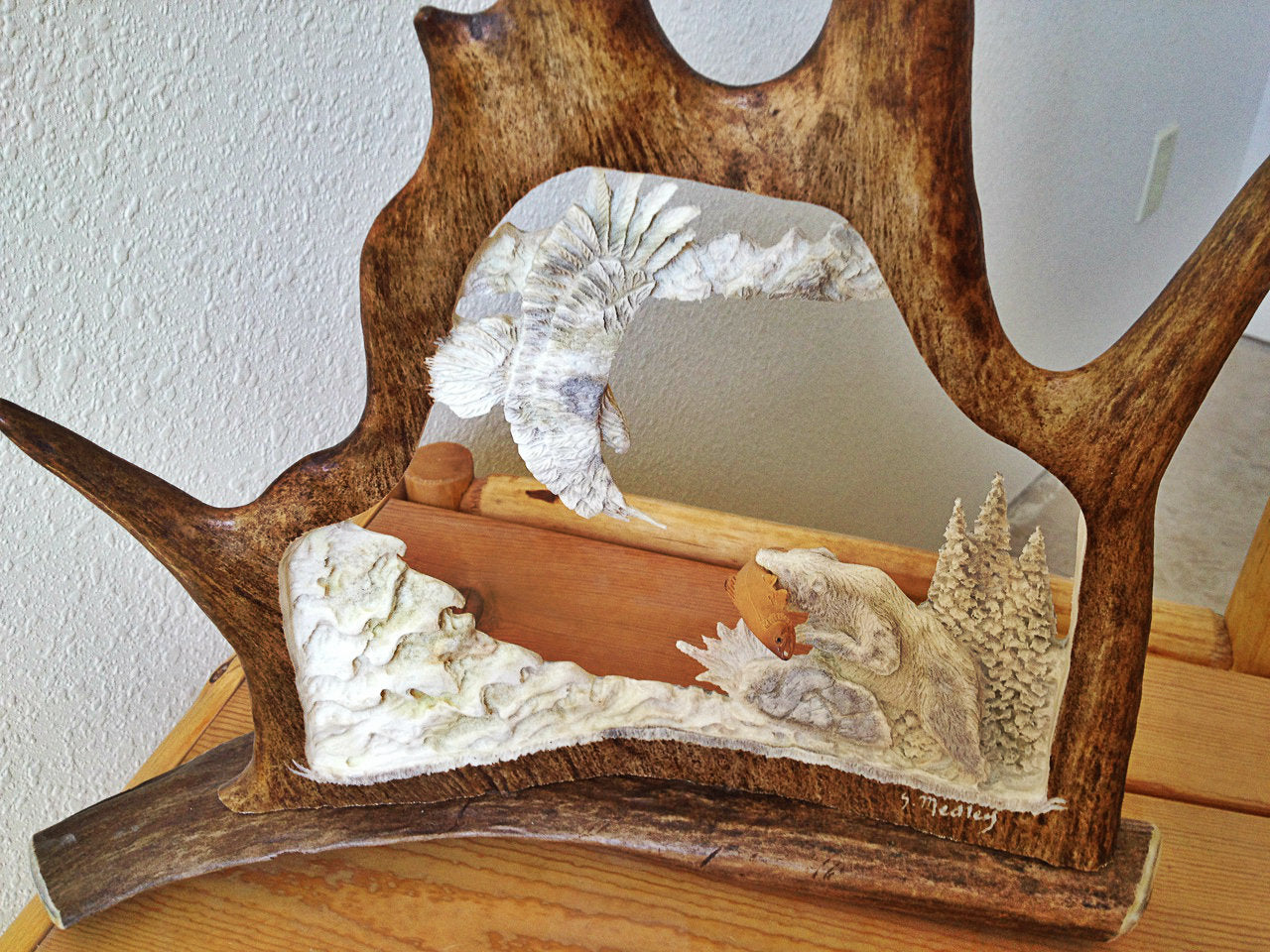 Salmon Loving Bear Antler Carving