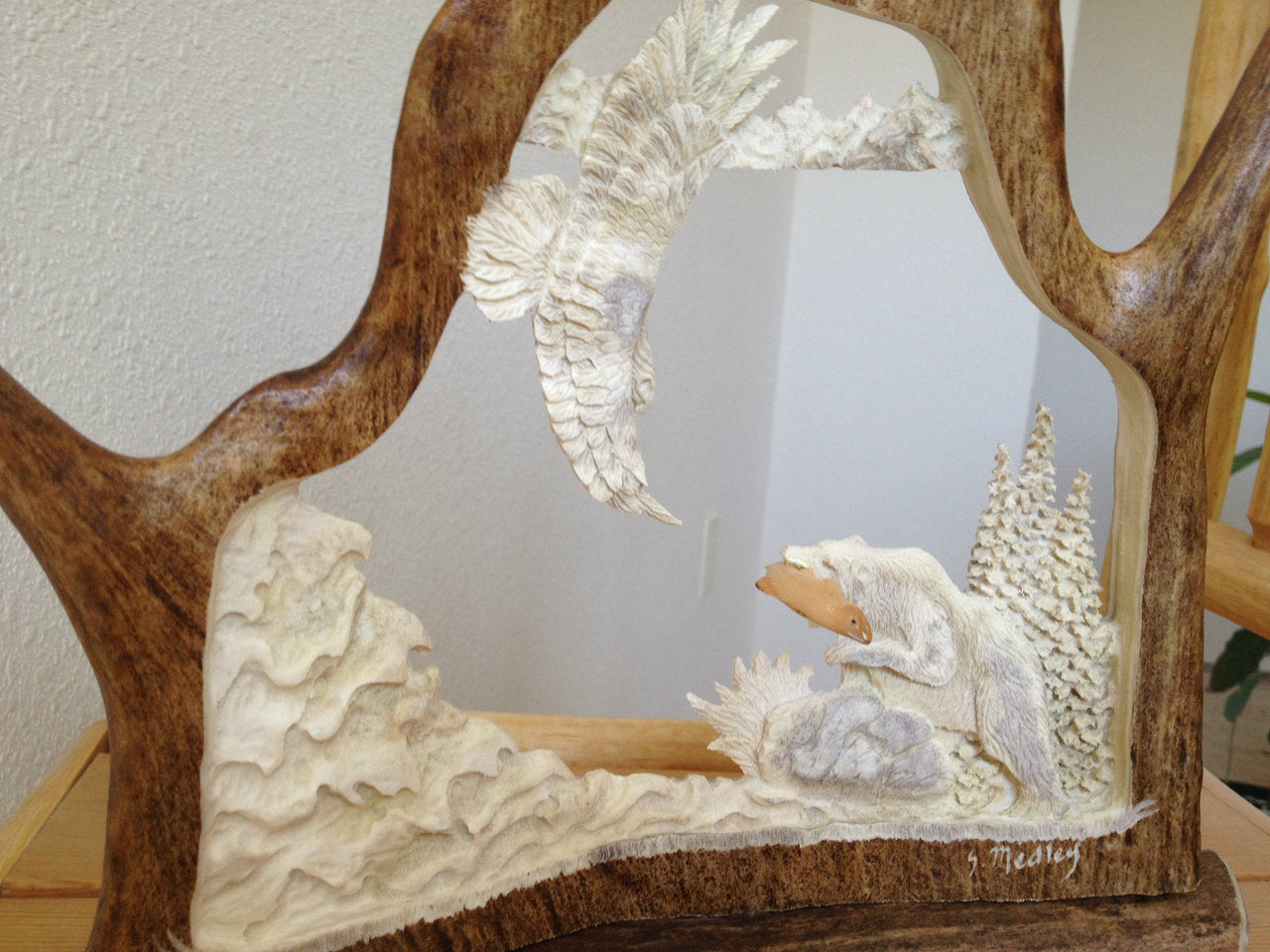 Salmon Loving Bear Antler Carving