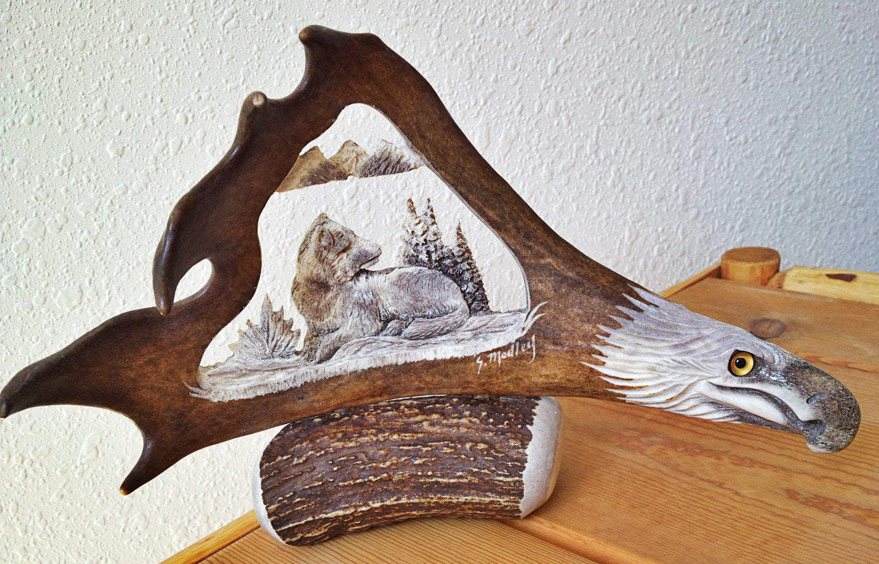 Resting Wolf Antler Carving