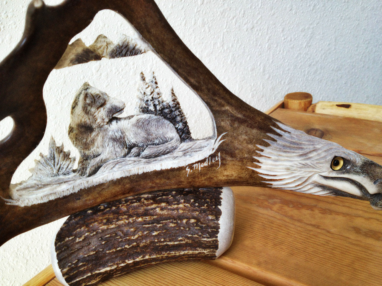 Resting Wolf Antler Carving