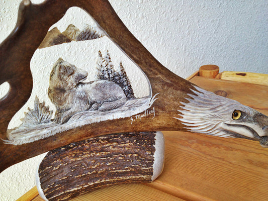 Resting Wolf Antler Carving