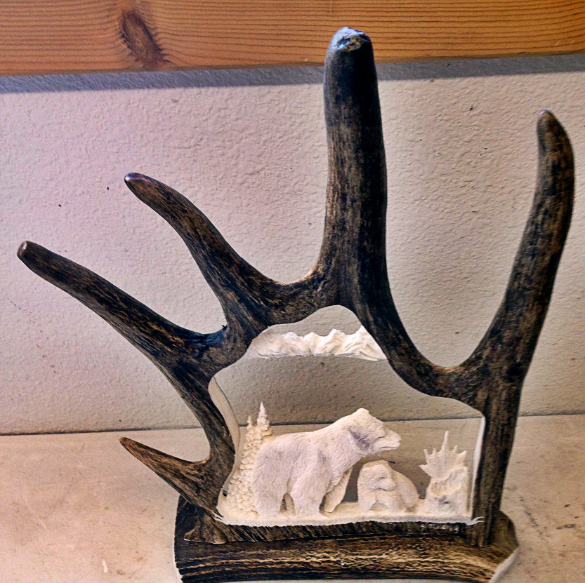 Momma Bear with Cub Antler Carving