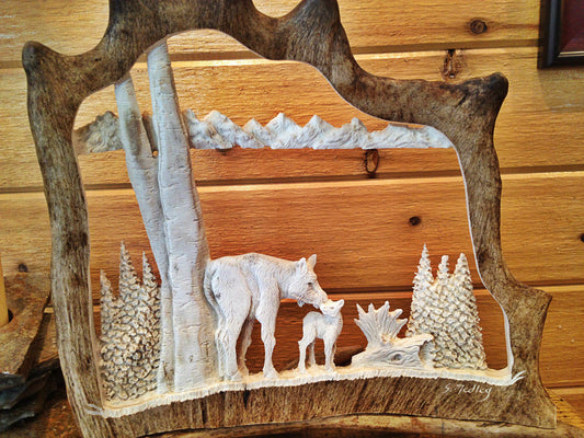 Momma Moose and Calf Antler Carving