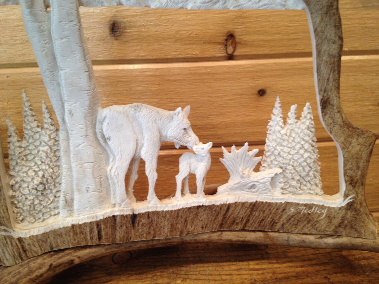 Momma Moose and Calf Antler Carving